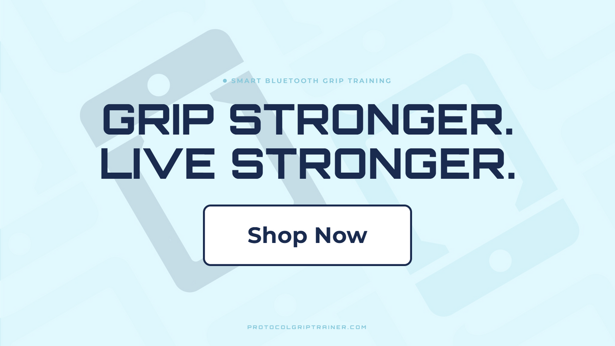 Protocol Grip Trainer with the Protocol logo, Grip Stronger. Live Stronger. headline, and Shop Now.