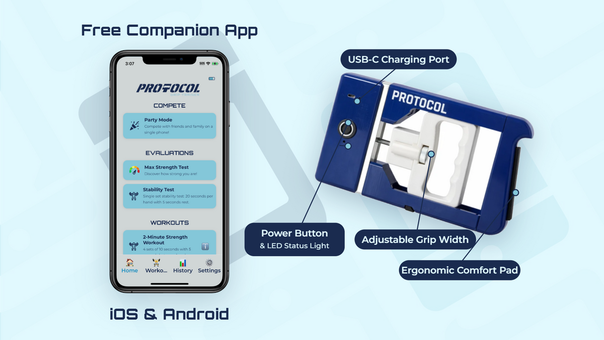 Protocol companion app on a phone beside the Protocol Grip Trainer device.